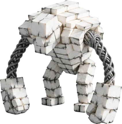 Figur Mortar Brute: tubuh dari tumpukan bata putih dengan nat arang dan dua lengan kawat yang dipilin.